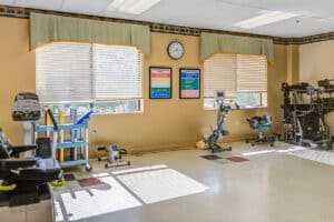 Rehab gym with two large windows and physical therapy equipment