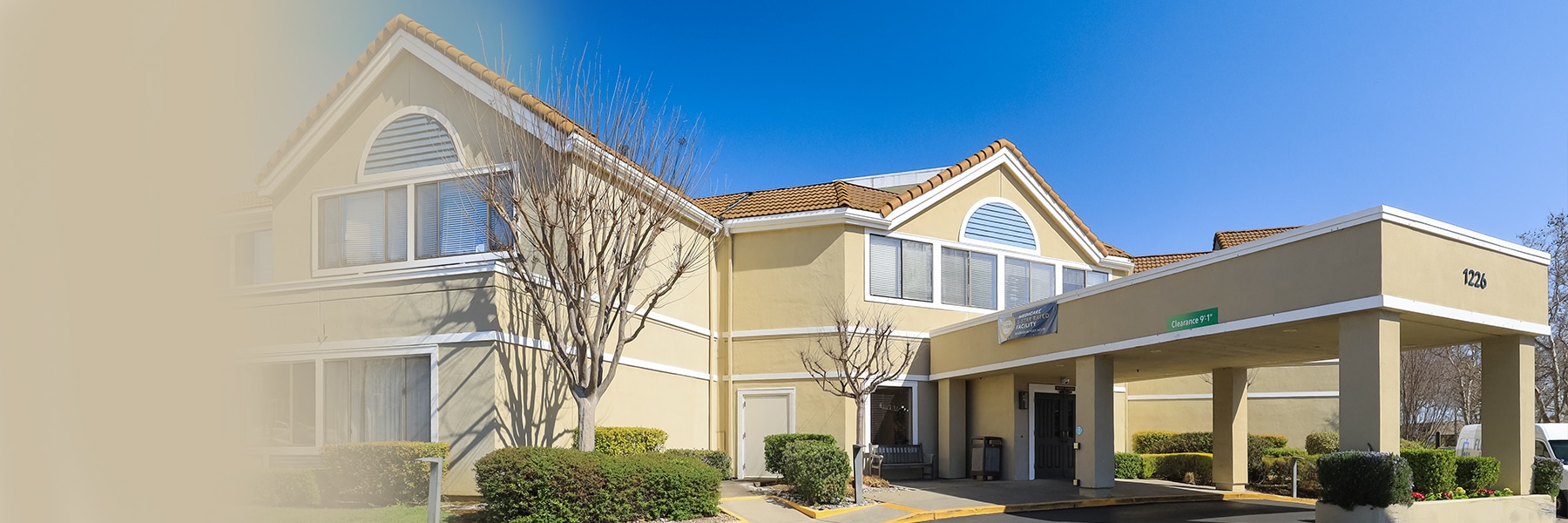 Exterior of the entryway of the Rossmoor Post Acute skilled nursing facility.